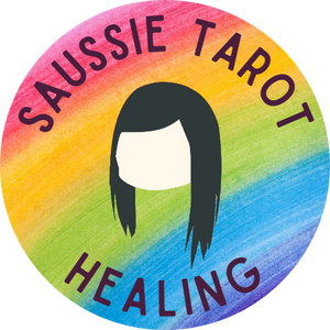 Circular "Saussie Tarot Healing" logo with text wrapping at the top and bottom of circle. Center is an outline of a head with long dark hair. Background is a color-penciled in rainbow.